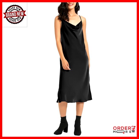 Dresses & Skirts - Satin Midi Slip Dress Silky Cowl Neck Adjustable Straps Elegant Formal Wear